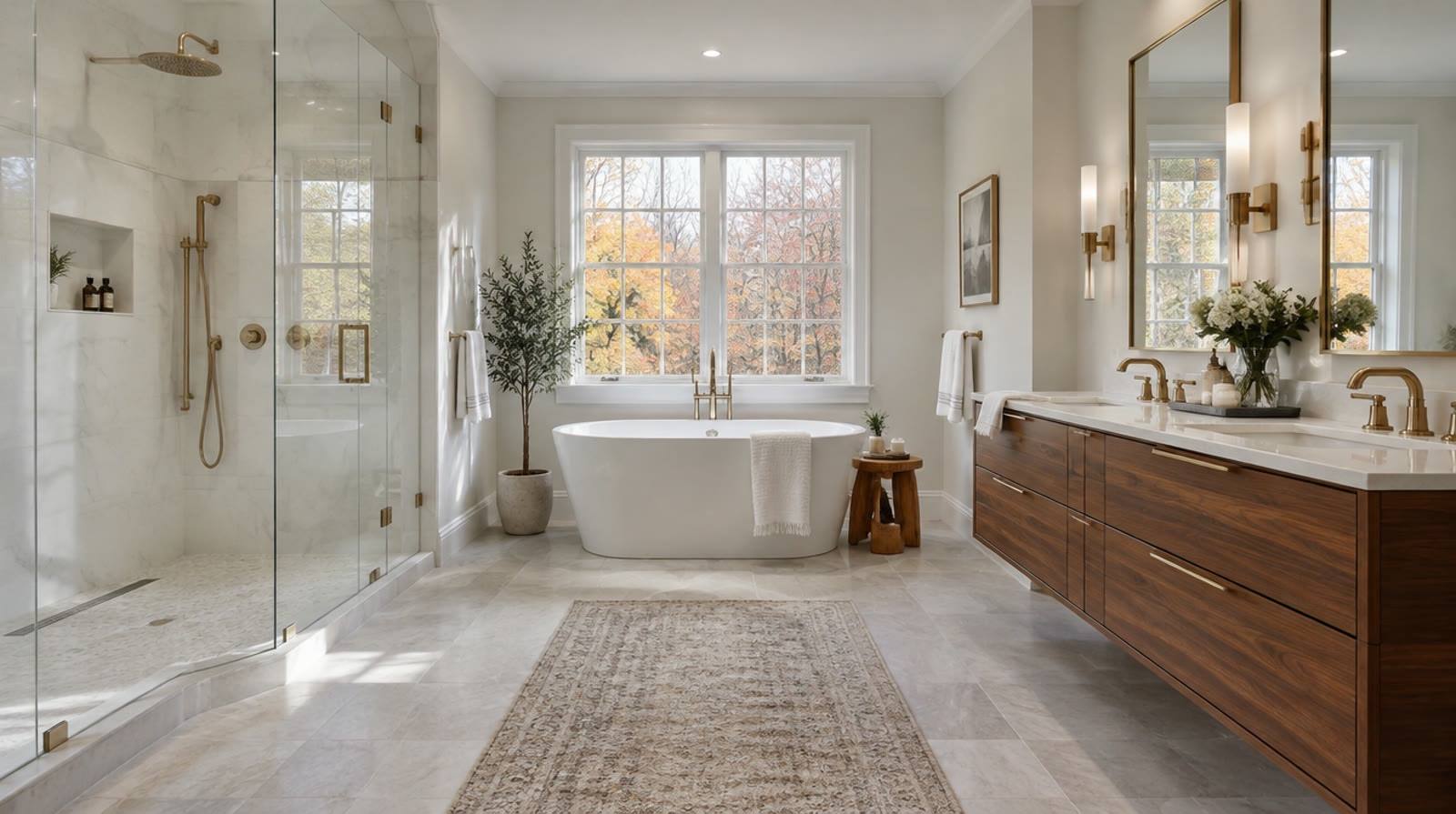 Finished spa bathroom with walk-in shower and soaking tub