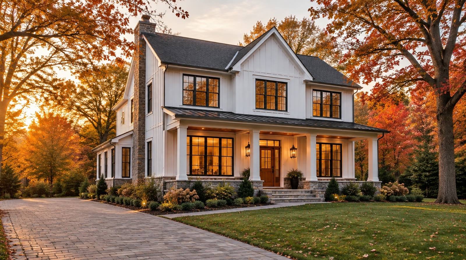 Finished white farmhouse-style colonial with front porch