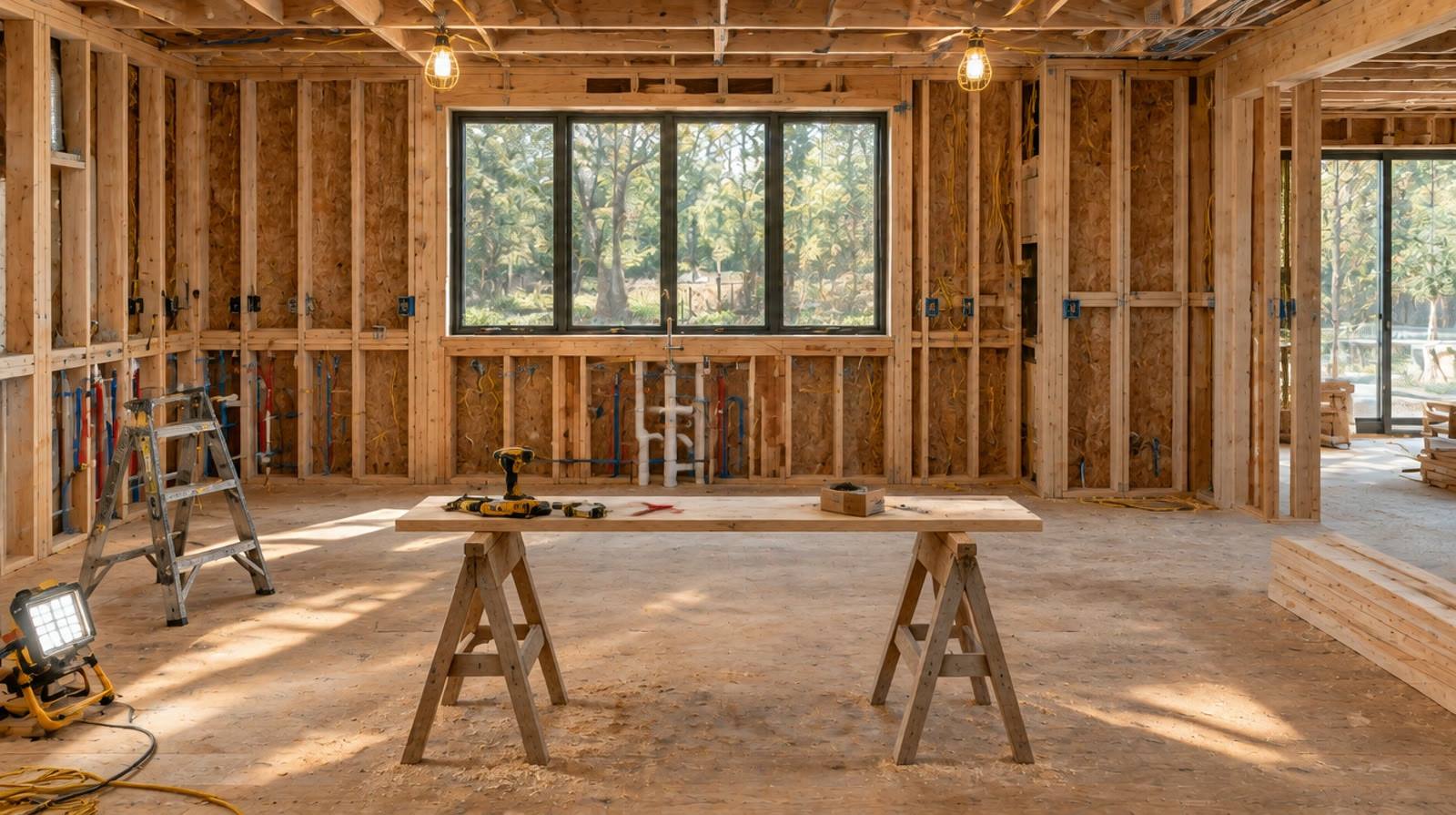Kitchen framed with exposed studs