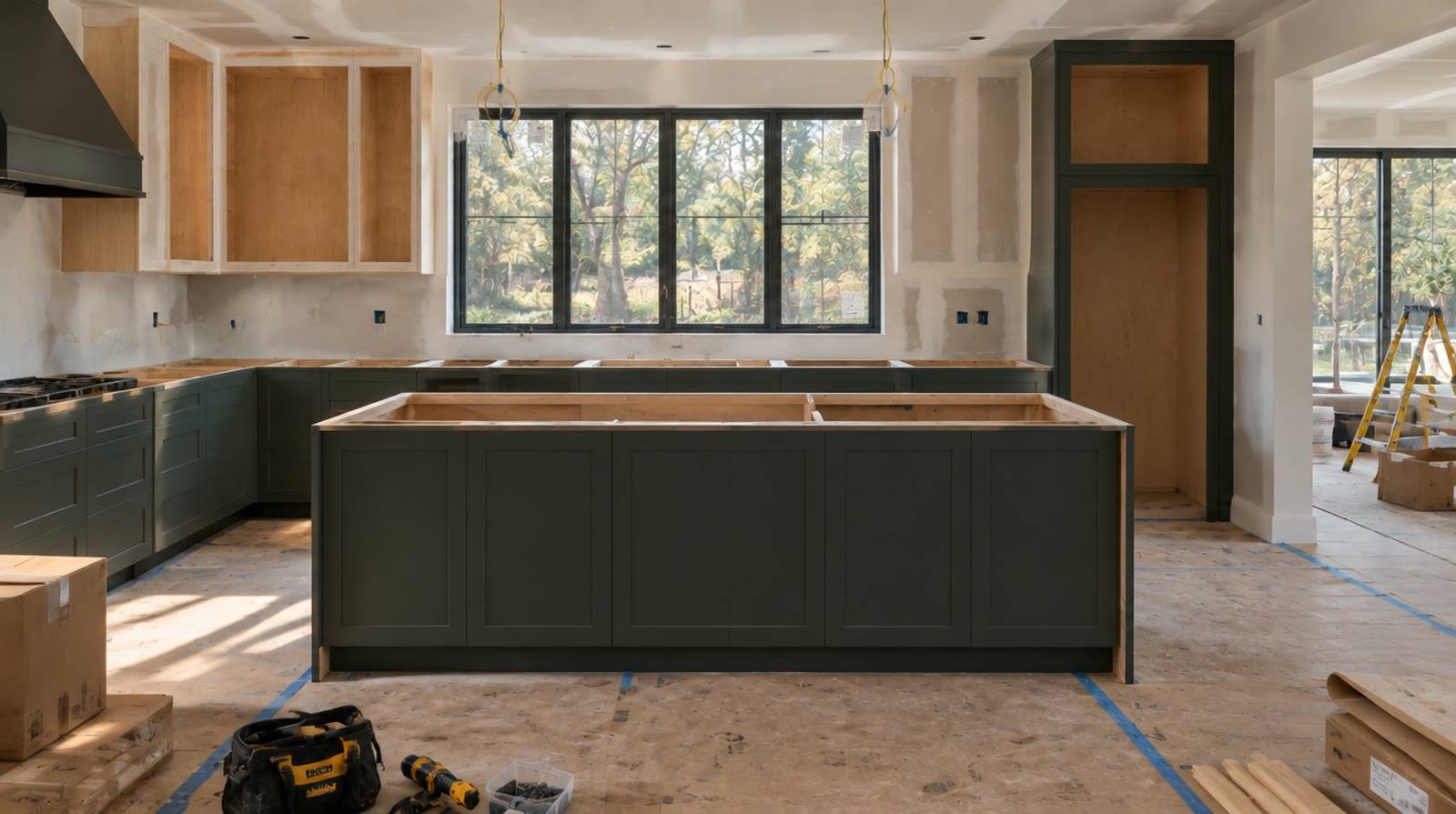 Kitchen with drywall finished and cabinets being installed